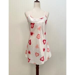 Vintage Y2K Bentley Heart Print Satin Slip Dress Womens S White Red Chemise